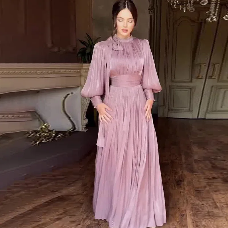 우아한 새틴 파티 롱 드레스 여성 2025 여름 패션 솔리드 컬러 긴팔 하이웨이스트 레이스업 맥시 드레스 캐주얼