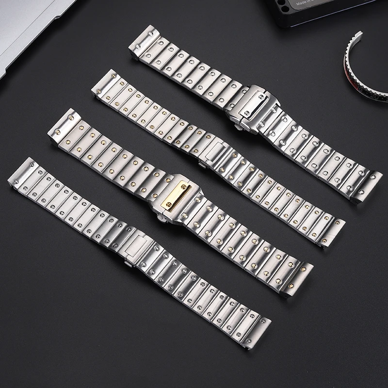 Santos 100 Watch Strap For Cartier Santos 100 tainless steel watchband 20mm 23mm butterfly metal buckle silver Rivet bracelet