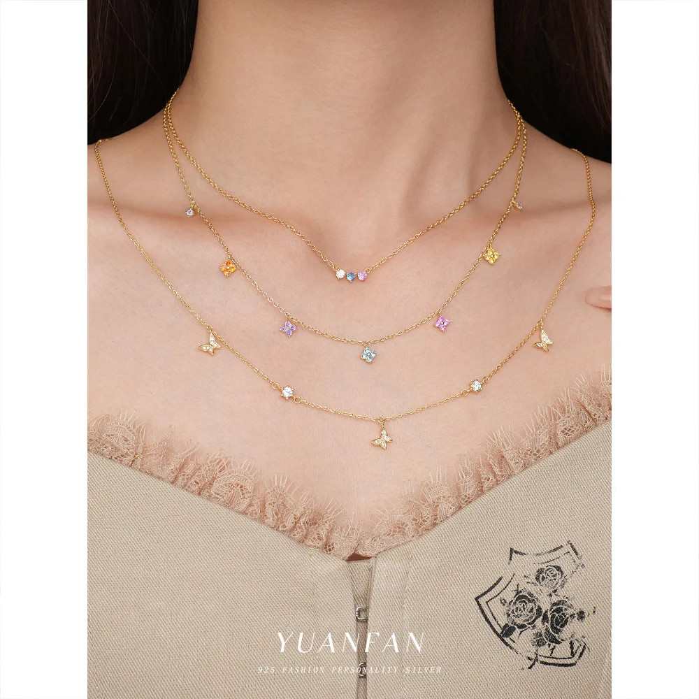 

S925 sterling silver color inset zircon necklace women fashion personality everything French light luxury clavicle chain