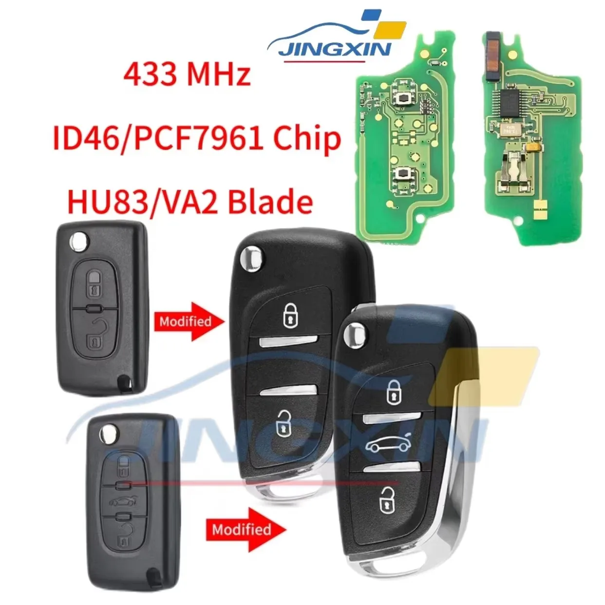 Jingxin 2/3 Buttons Modified Flip Car key for Peugeot Partner 307 308 407 408 3008 ASK/FSK 433MHz PCF7961 HU83/VA2 CE0536 Remote