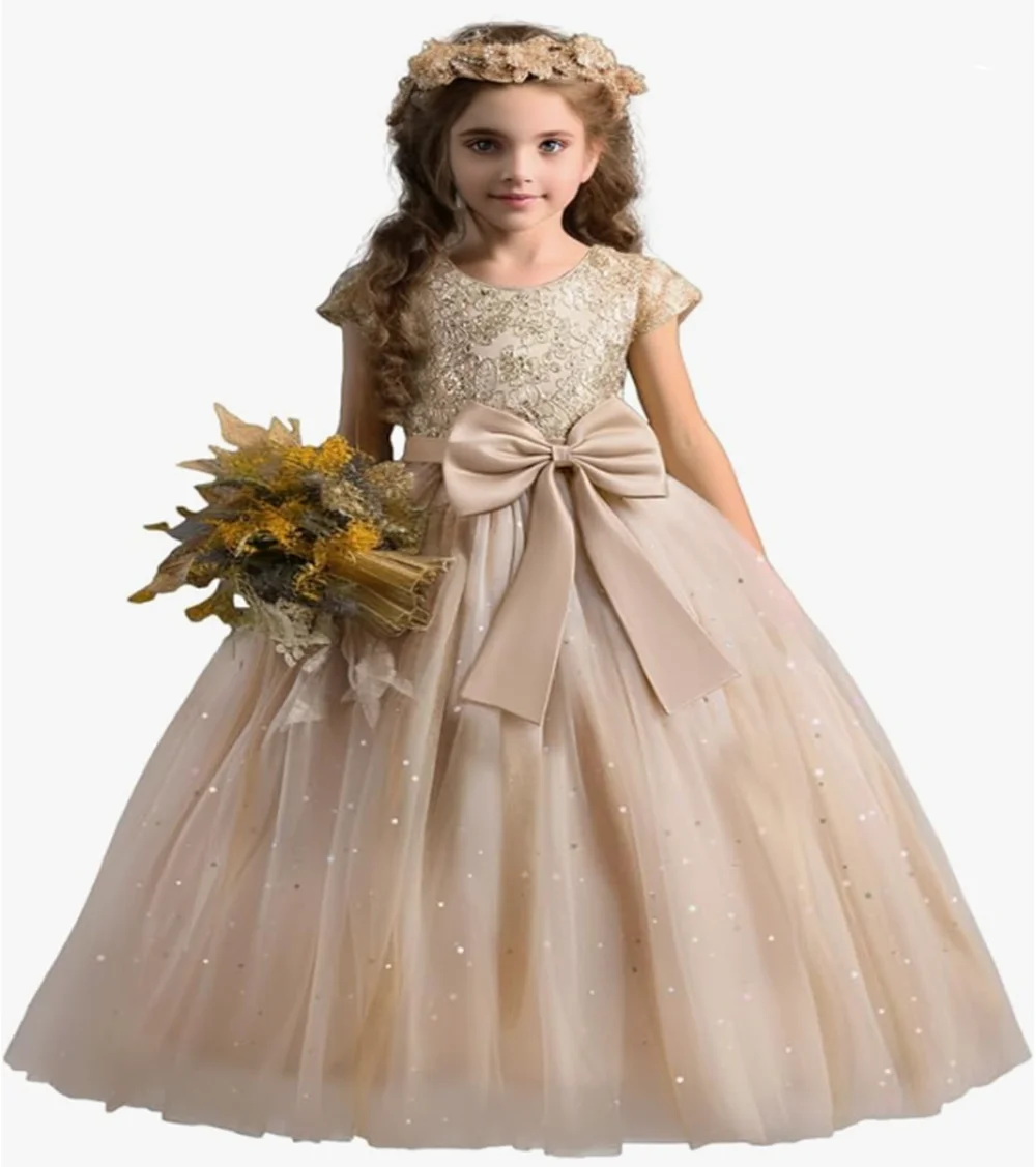 

Flower Girl Dresses For Weddings Toddlers Satin Bow Ball Gown Pageant Dress Sparkly 1st Communion Party Gowns