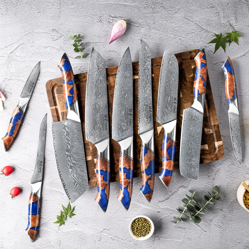 TURWHO 1PC-9PCS Kitchen Chef Knives Set High Carbon Damascus Steel Cleaver Bread Paring Boning Utility Knives Cooking Tools