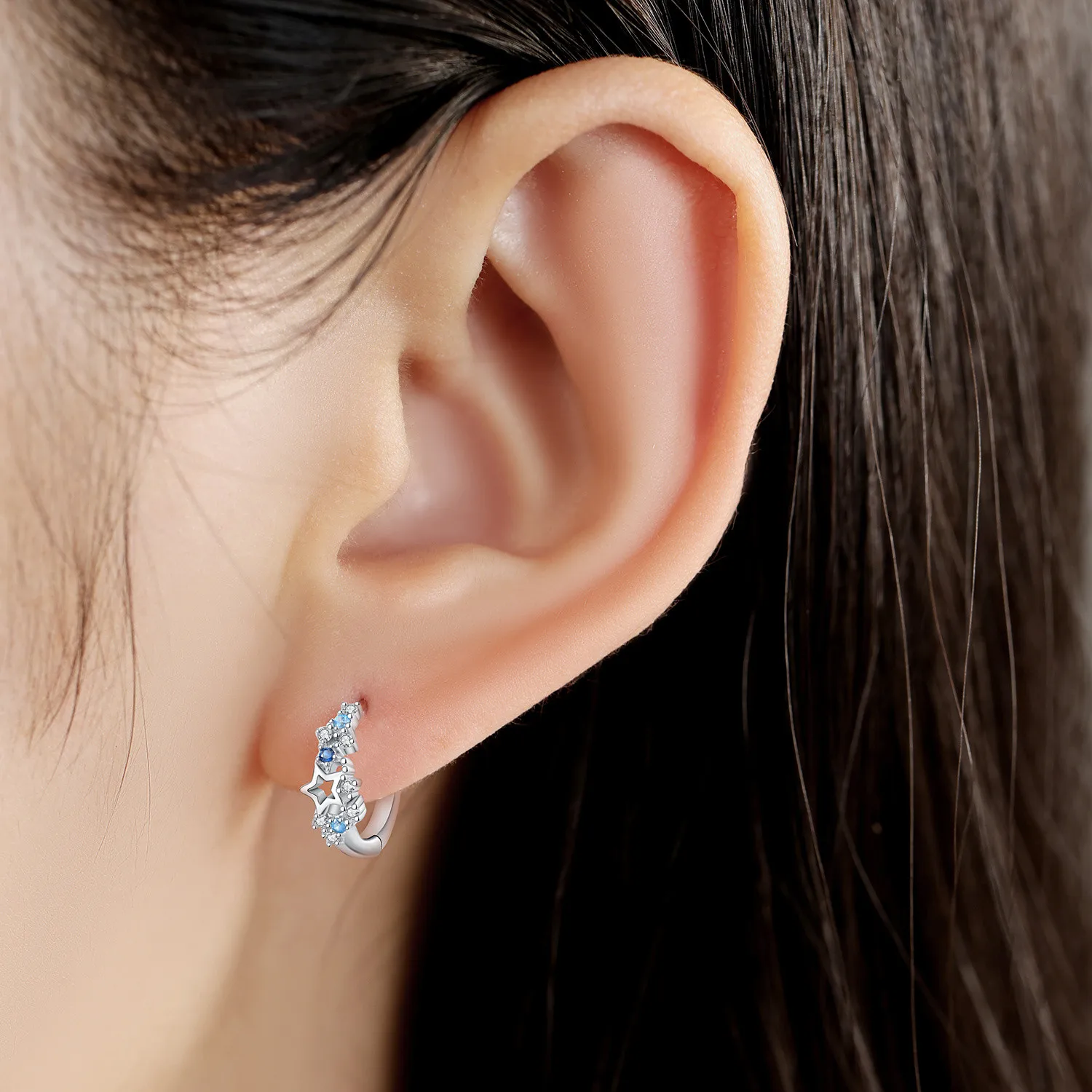 S925 Sterling Silver Versatile Exquisite Star Moon Blue Galaxy Hoop Earring Jewelry for Women Birthday Valentine's Day Gift