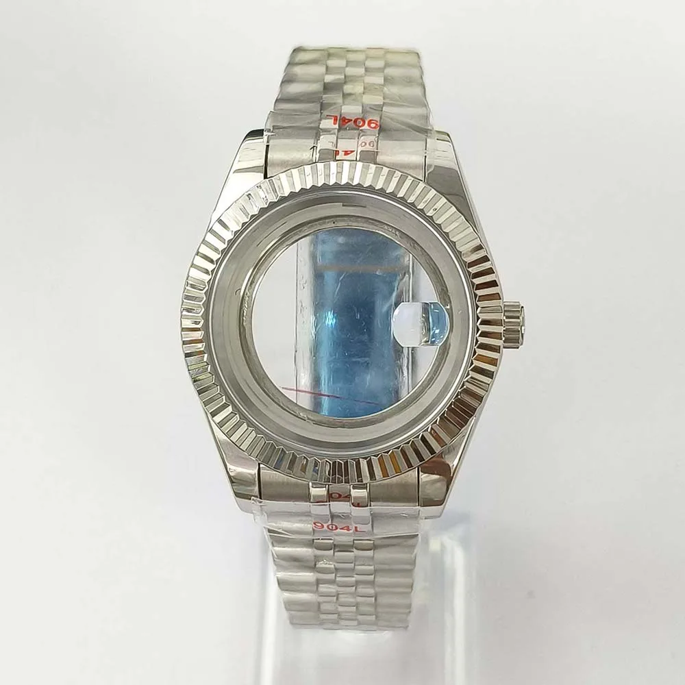 41mm Watch Case + Strap for 8285 Automatic Movement Stainless Steel Shell Tooth Ring Magnifier Sapphire Glass Case Watchband