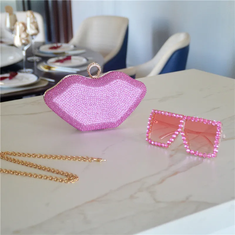 Red/Pink/White Sparkle Rhinestone Lip Mouth Bag for Celebrity Lady Evening Hand Bag Sets