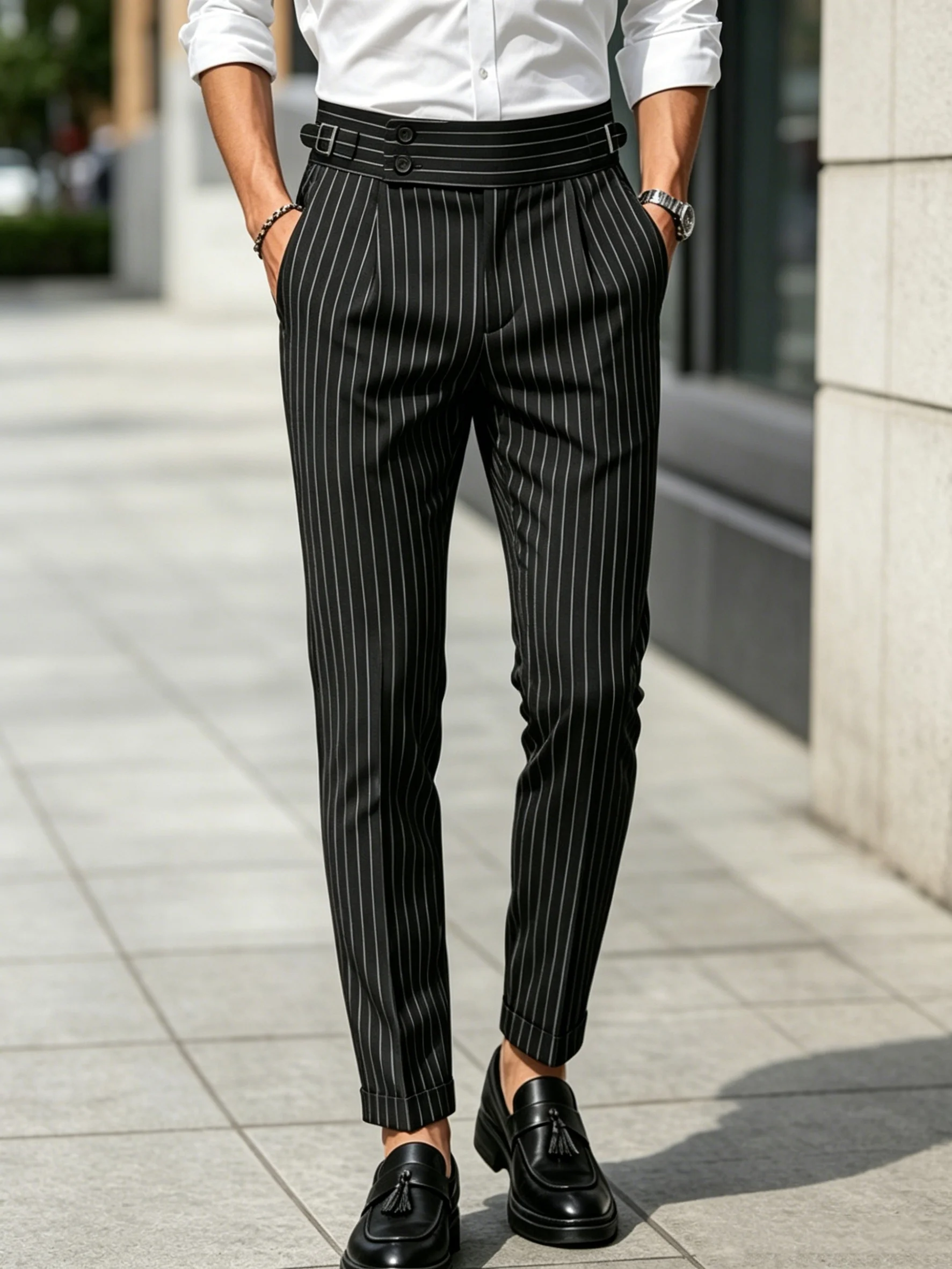 Men's Retro Black Business Casual Striped High-Waisted Straight-Fit Trousers with Drape Effect