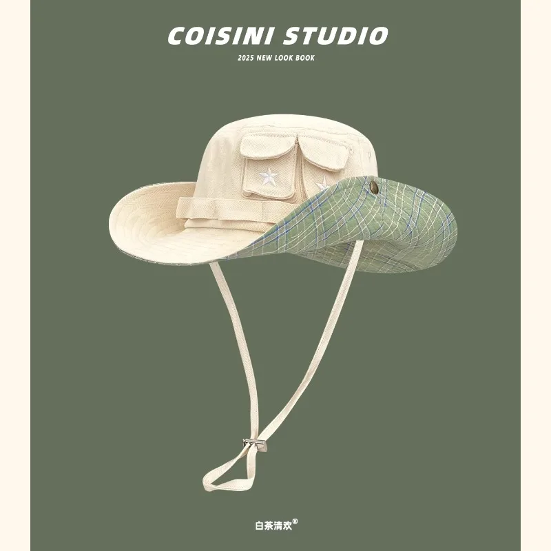 

Niche Star Embroidery Pocket Design Western Cowboy Bucket Hat Men and Women Spring and Autumn Outdoor Hiking Shade Fishing Cap