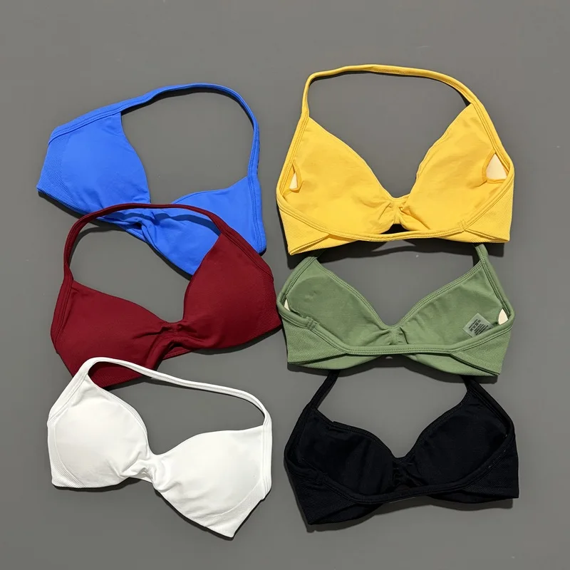 Sport-BH mit dünnen Trägern für Damen – Hoher Halt, nahtlos, Neckholder-Design, Scrunch-Effekt, für Workout & Yoga, mit Polstern – Detail 5
