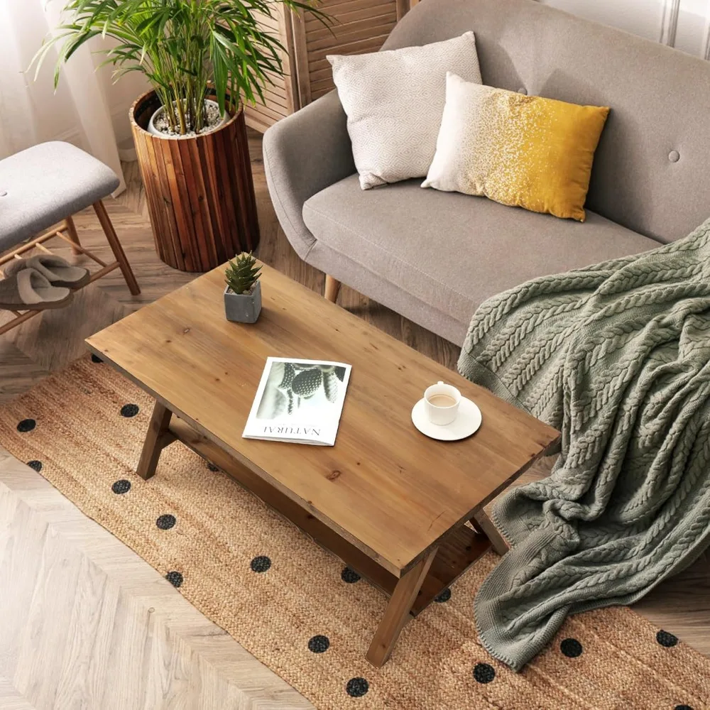 Rustic Farmhouse Style Solid Fir Wood Coffee Table - 42.5 Rectangle Wooden Living Room Furniture with Rustic Charm