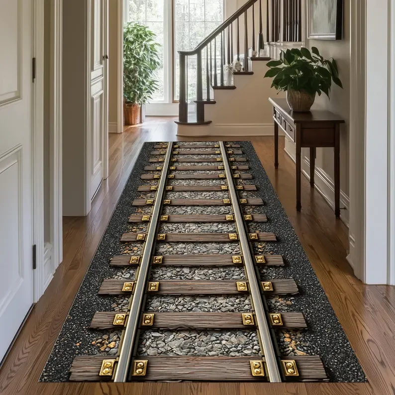 Hallway Runner Rug 3D Retro Railway Track Pattern Carpet Non-Slip Easy Clean Industrial Retro Railway Enthusiast Decor Home Mat