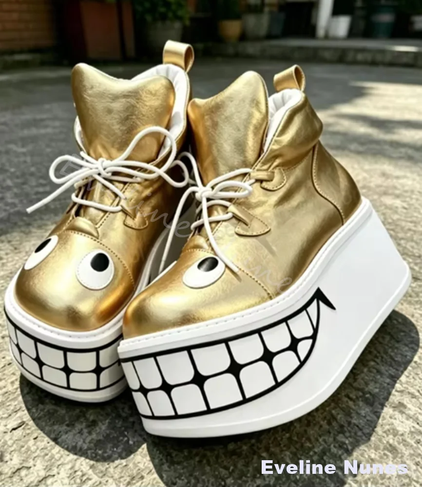 Gothic Wedge Platform Ankle Boots Women Cartoon Monster Big Eyes Smile Design Boots Punk Cosplay Lace Up Streetwear Short Boots