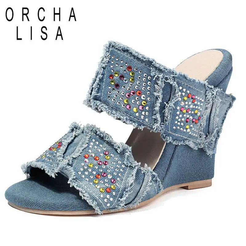 

ORCHA LISA Модный дизайн Женские сандалии с открытым носком на танкетке 11 см Слипоны Мюли Кристалл Большие размеры 44 45 46 Повседневная женская обувь для отдыха