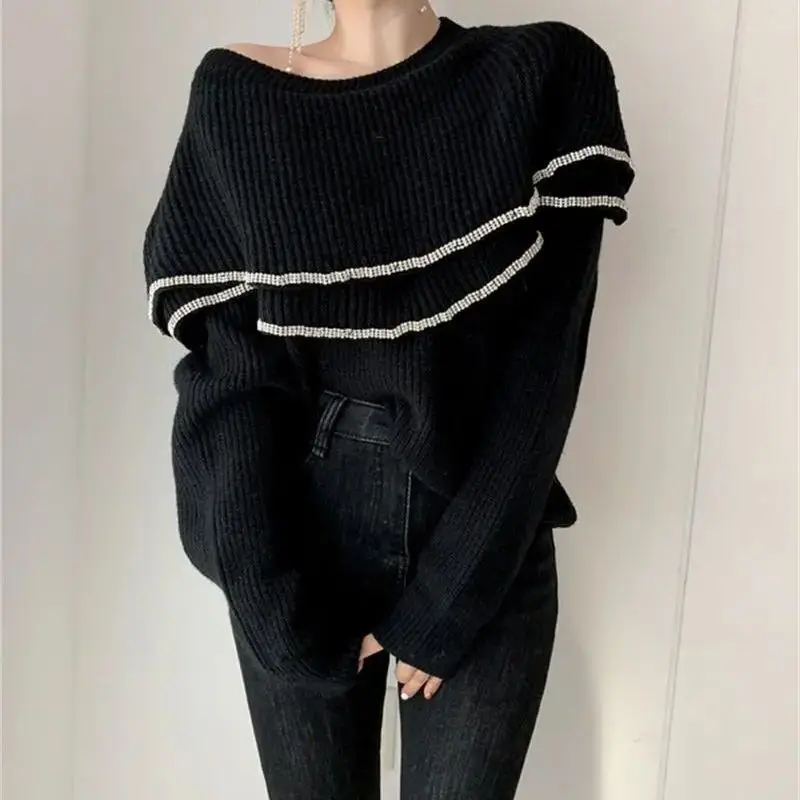 Sweater Round Collar Knitting Patchwork For Women 2024 Spring Fashion Female New Elegant Sweater Long Sleeve Tops Wear