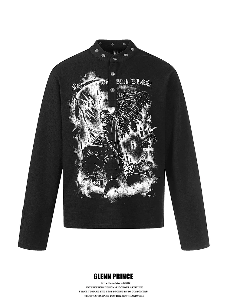 

GPstudio Retro k Sle Buttoned Henry Collar Long Sve T-irt Men's Street Punk Subculture ort Top Youth Faion Cott...
