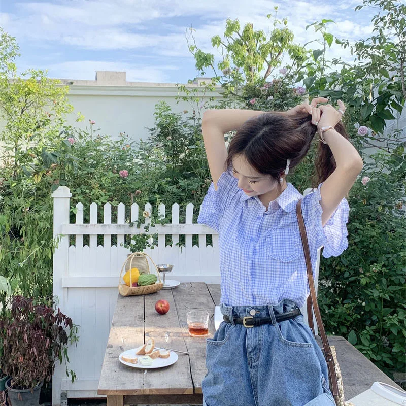 Women Clothing Plaid Turn-down Collar Single Breasted Shirts Summer Vintage Casual Ruffles Preppy Style Short Sleeve Top