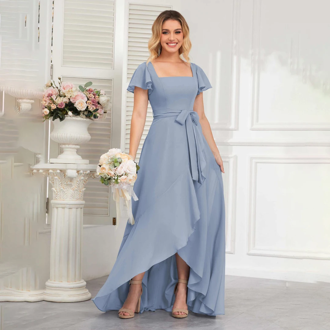 Chiffon Square Collar Flare Sleeve Bridesmaid Dresses Elegant High-low Backless Wedding Dress For Guest Simple Marriage Gowns