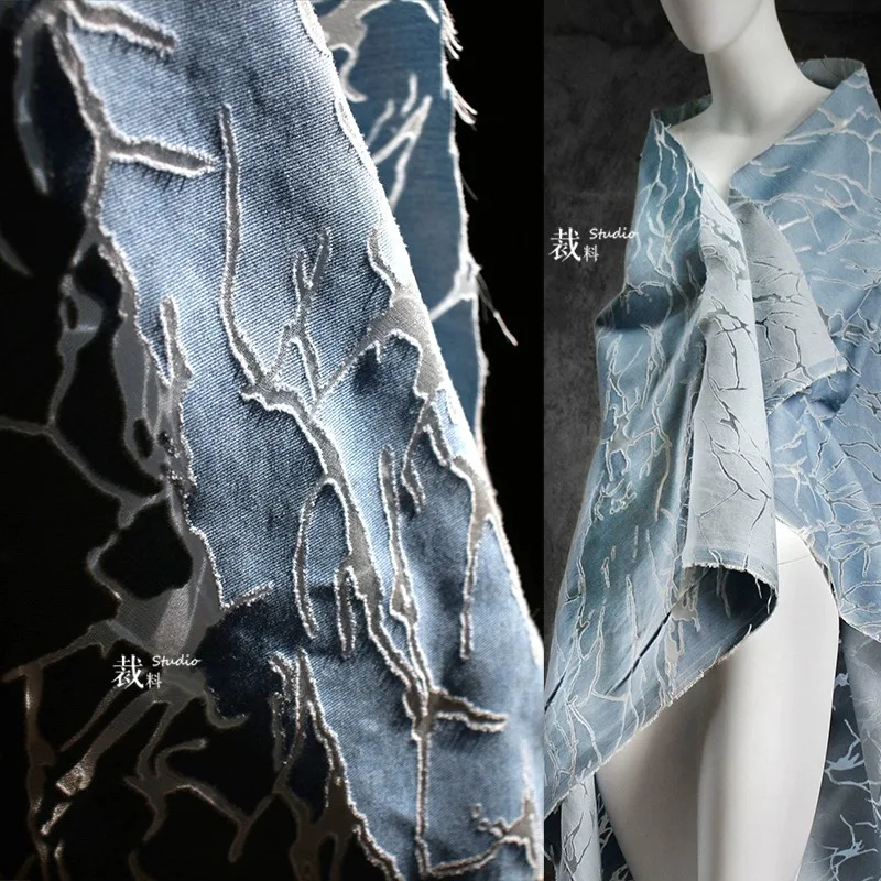 

Yuqiu Light Blue Denim Irregular Burnt Hollow Perspective Texture Fabric Renovation Clothing Designer Fabric