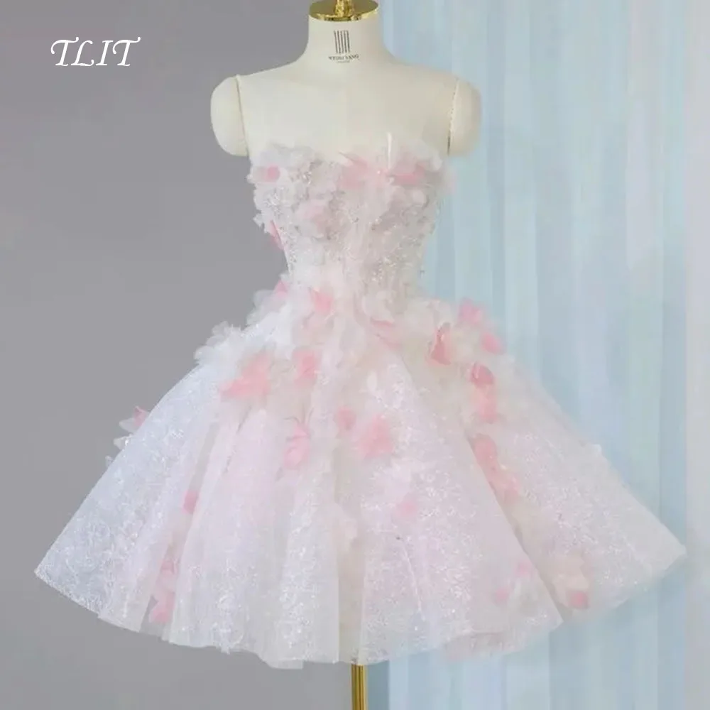 

TLIT Fairy Candy Color Appliques Flowers Short A-Line Evening Dresses Lace Strapless 3D Flowers Prom Dresses Customized 이브닝 드레스