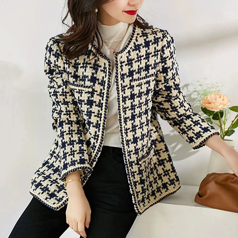 

2024 Elegant Weave Plaid Jacket Women Blazer with Pocket and Lining Autumn Winter Causal Tweed Coat Office Ladies Suit Coats New