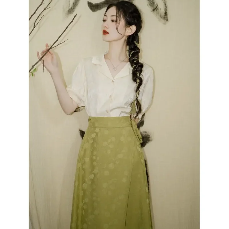 

Elegant Improved Beige Jacquard Short Sleeved Shirt Green Hanfu Skirt Women 2023 Summer Chinese Style Graduation Season Dress