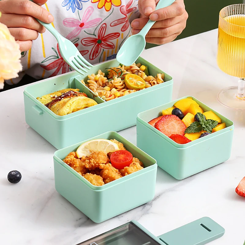 2-Layers Airtight Bento Lunch Box with Cutlery for On-the-Go Meal, Durable and BPA-Free (1400ml)