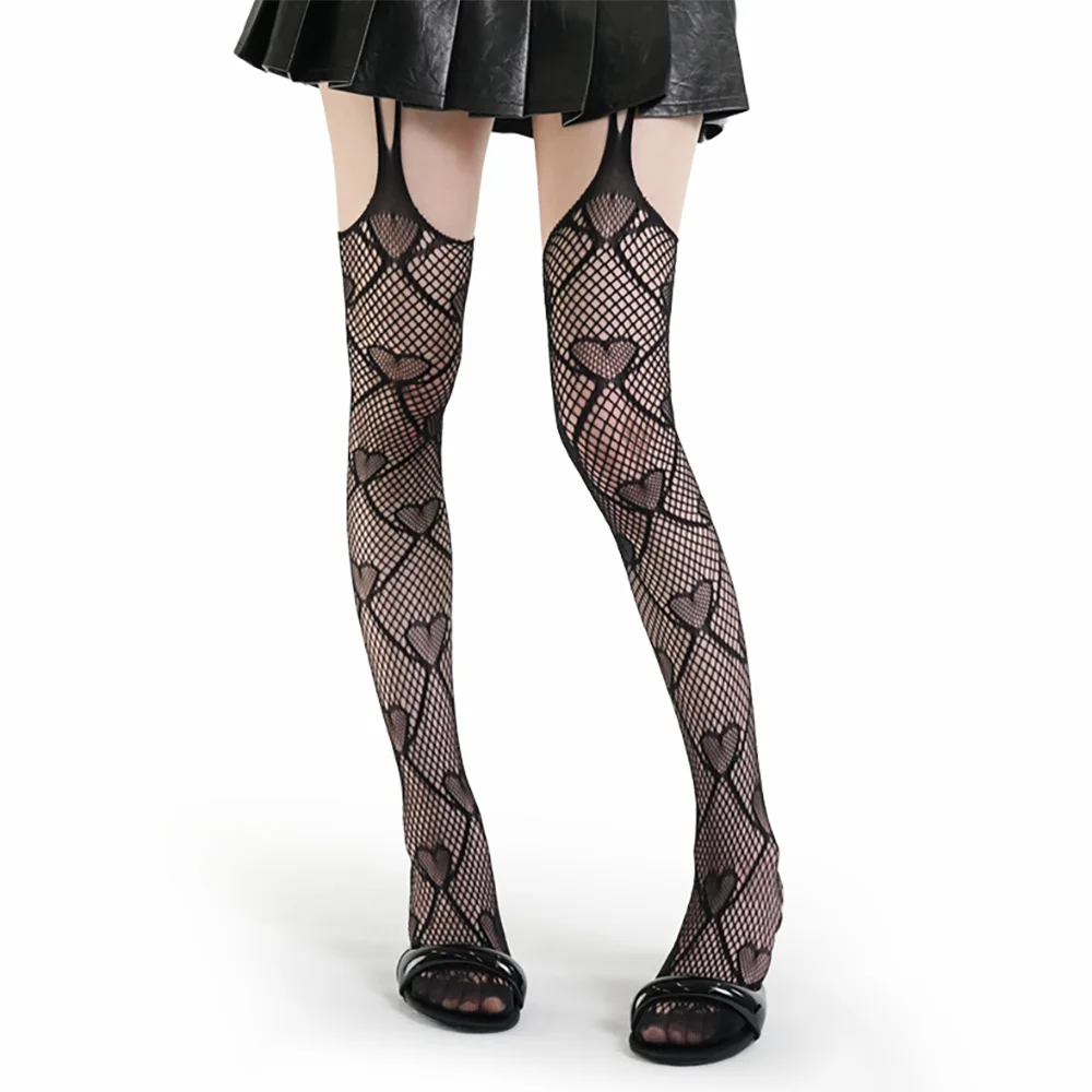 New Love Heart Jacquard Suspender Stockings Women Hollow Out Breathable Stocking Tights JK Lolita Cute Style Y2K Shibuya
