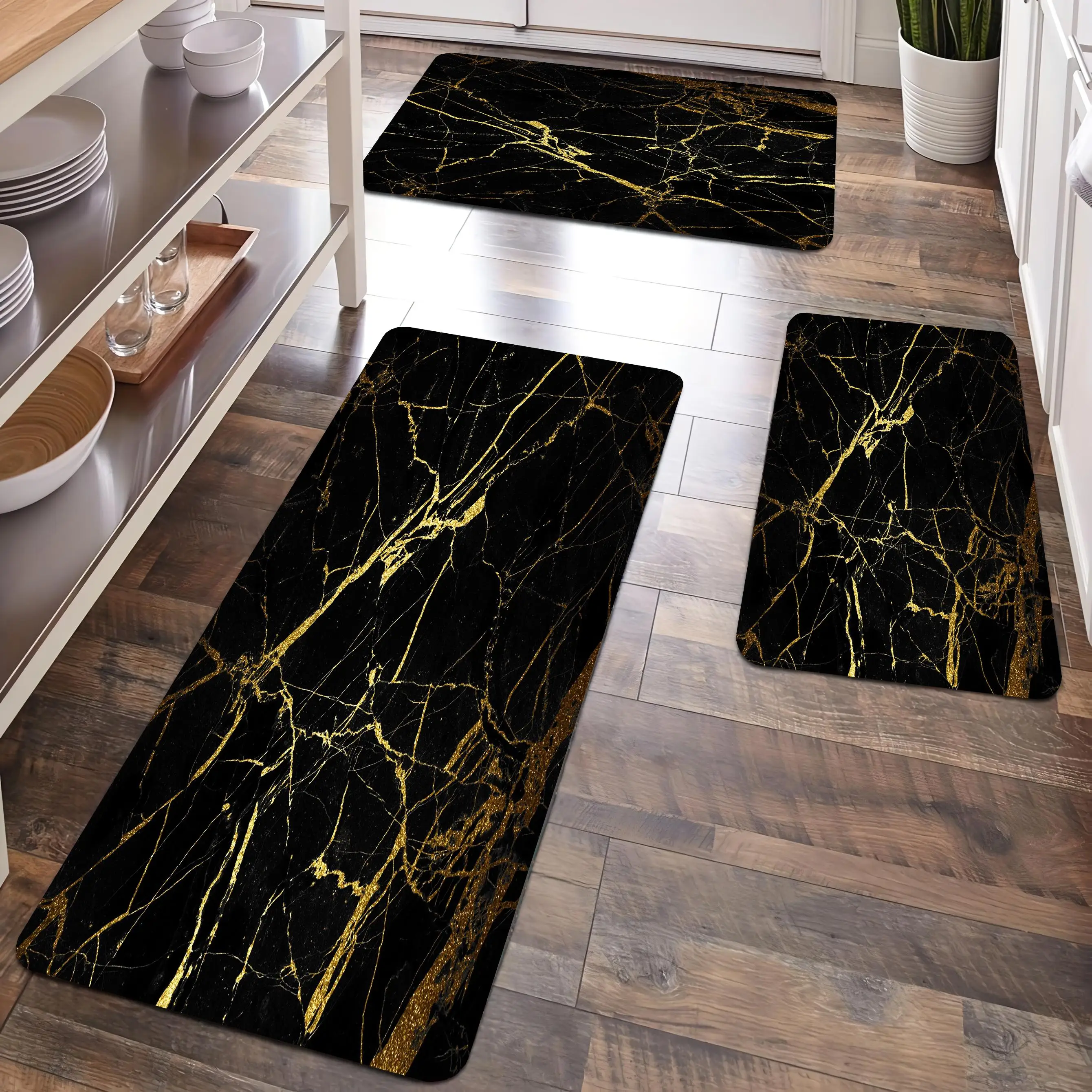 

Black Gold Marble Texture Kitchen Carpet Flannel Anti-slip Bathroom accessories Mat for Living room Entrance Foot mat Home Decor