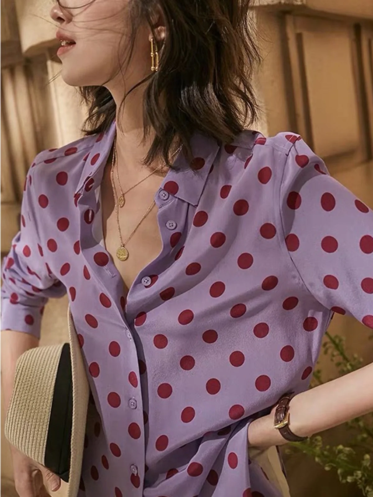 

Hong Kong Sle Polka Dot Print Long Sve Women's irt Spring Autumn Purple Vintage Top Polyester Commute Sle Loose Fit