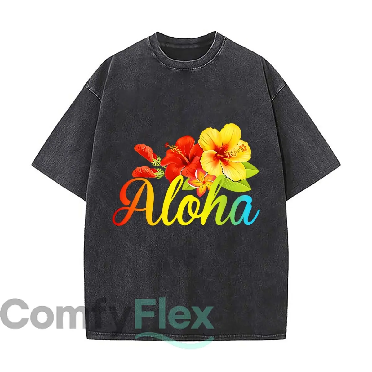 Colorful Hawaiian Aloha Flower Decor Distressed Faded Baggy Streetwear Tops for Park Hangouts