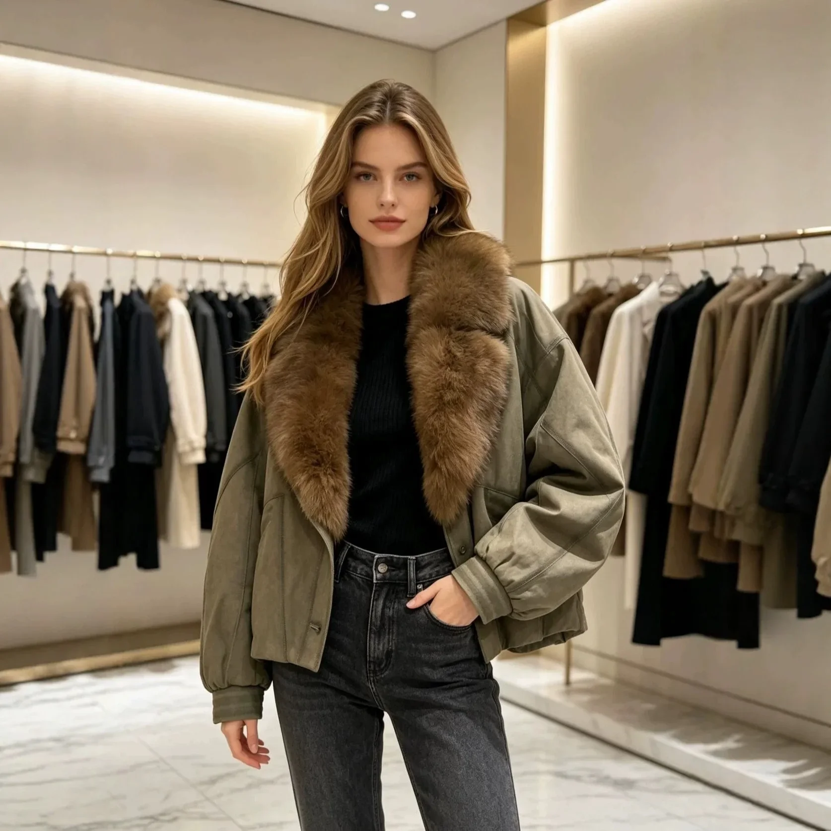OFTBUY Big Fox Fur Collar Goose Down Clothing Women Warm Thick Short Down Outerwear Winter Suede Jacket with Fur for Female