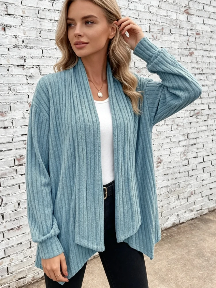 2026 New Warm Ribbed Knit Open Front Women Cardigan Draped Collar Irregular Hem Long Sleeve Autumn Winter Loose Casual Outerwear