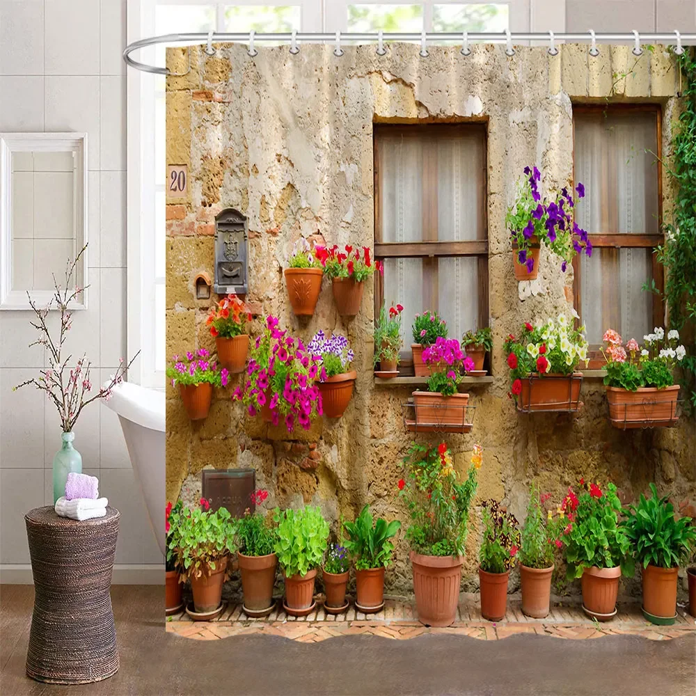 

Farm Style Shower Curtain Garden Potted Italian Green Plants Vintage Windows Mediterranean Greece Scene Curtains Bathroom Decor