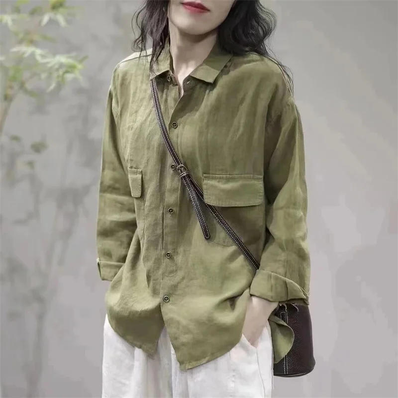 

Women's Shirt Blouse 2026 New Retro Artistic Solid Color Cotton Linen Long Sleeved Shirt Spring Summer Lapel Casual Shirt Top