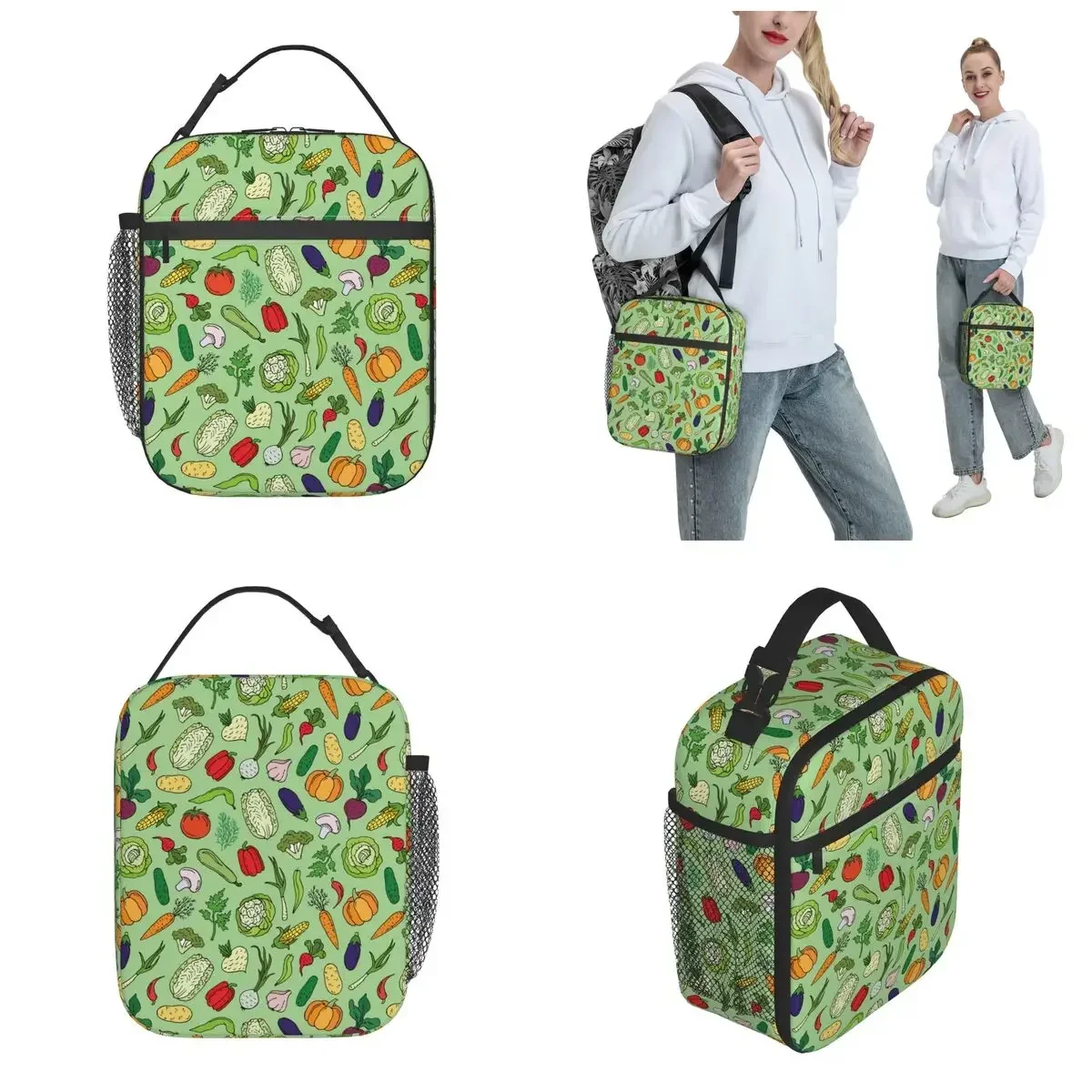 Cartoon Doodle Vegetables Insulated Lunch Bag Food Bag Portable Thermal Cooler Lunch Boxes For School Office