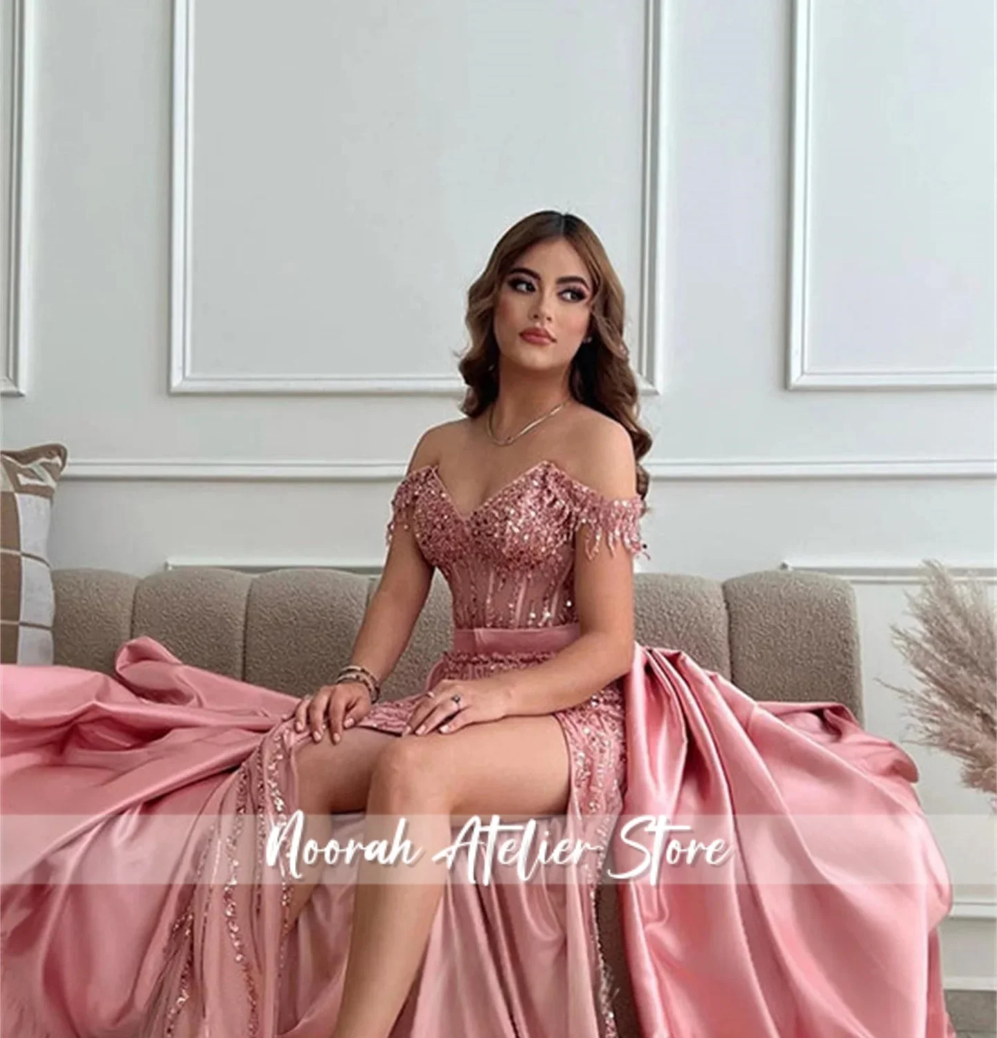 فستان سهرة أنيق من المكسيك على شكل حرف a مزين بالترتر مخصص بدون أكتاف بطول الأرض فساتين زفاف بفتحة جانبية فيستدوس دي فييستا