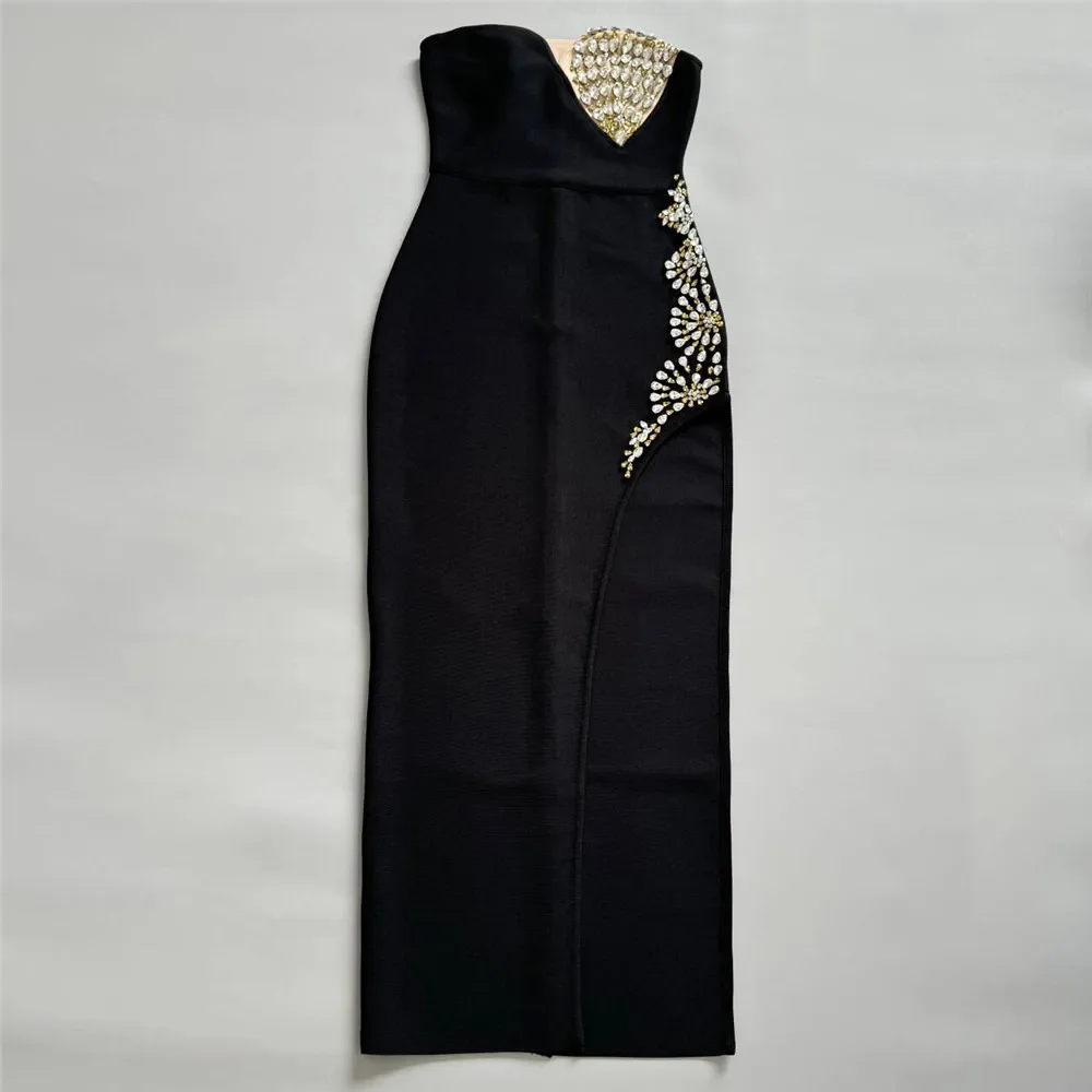Women Sexy Strapless Golden Crystal Bodycon Long Bandage Dress Fashion Celebrate Evening Party Birthday Photo Shot Wear