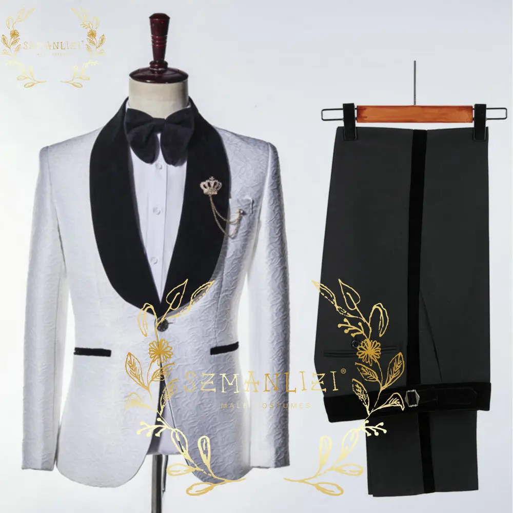 

White Floral Coat Black Pant With Stripe 2 Piece Set Men Suit For Wedding 2022 Elegant Formal Tuxedo Costume Homme Original