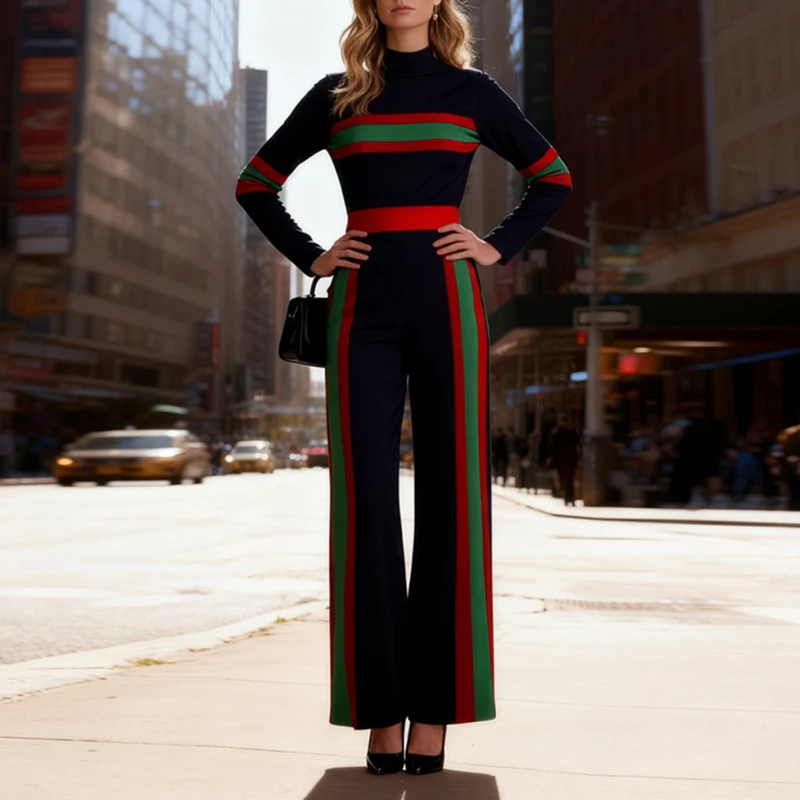 Krisstargirls Women's Spring Fall Stylish Contrast Color Loose Jumpsuit 2026 Long Sleeves Striped Wide Leg Casual Pant for Woman