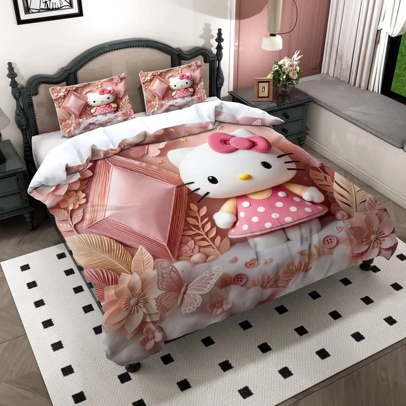 Sweet Floral Kitty 3 Piece Bedding Set Pale Pink Leaf Flower Butterfly Print Soft Duvet Cover For Daily Bedroom Use