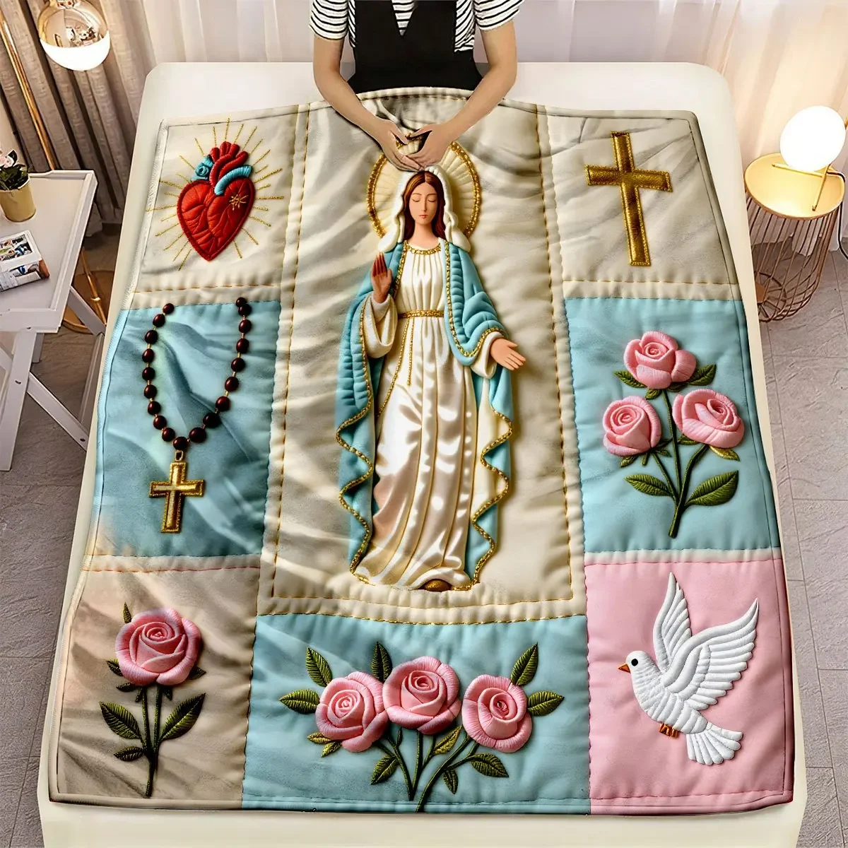 Customization 1 Virgin Mary Blessing Flannel Blanket, A Warm Throw Featuring A Sacred Halo And Sacred Heart Cross. The Virgin's