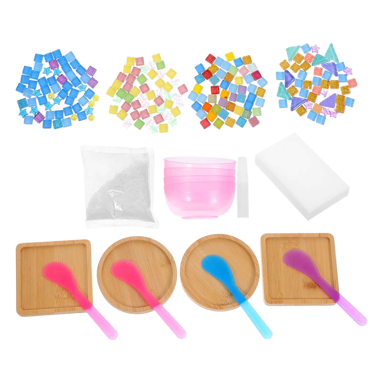 

4Sets DIY Glass Tile Coaster Set Fun Craft Activity for Adults with Bamboo Base Mosaic Art Materials Craft Tiles