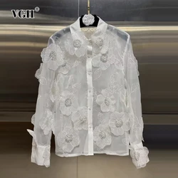 VGH Casual Spliced Appliques Solid Shirts For Women Lapel Long Sleeve Patchwork Single Breasted Minimalist Blouses Female New