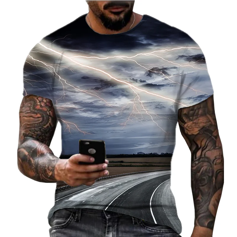 2024 Summer New Men's Thunderbolt Style 3D Printed Digital Casual Quick Drying Breathable Fitness Loose T-shirt