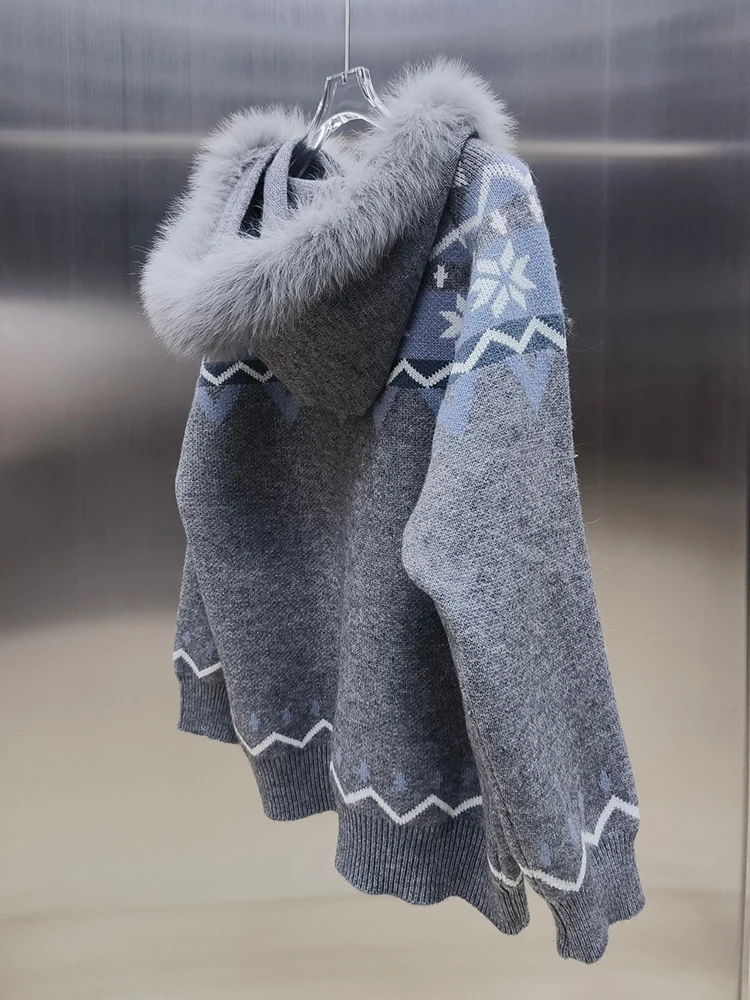 Damski kardigan oversize z dzianiny z prawdziwego futra lisa, sweter z kapturem z futra lisa, odzież wierzchnia, płaszcz damski.