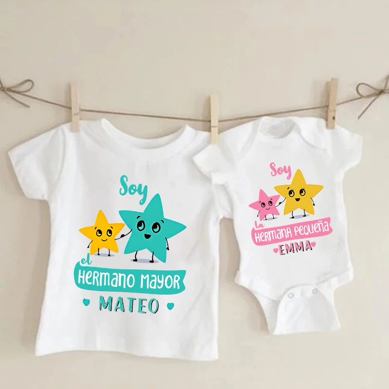 Traje a juego de hermano mayor y hermana pequeña, camisa personalizada para hermanos, camiseta con nombre personalizado para niños, camiseta, Body para bebé, ropa con apariencia, Top