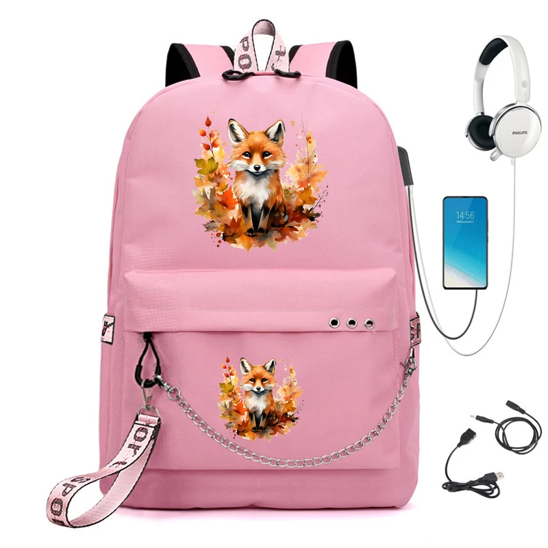 Mochilas escolares con estampado de zorro de la selva para adolescentes, morral con estampado de animales de dibujos animados para niños, morral escolar con carga Usb