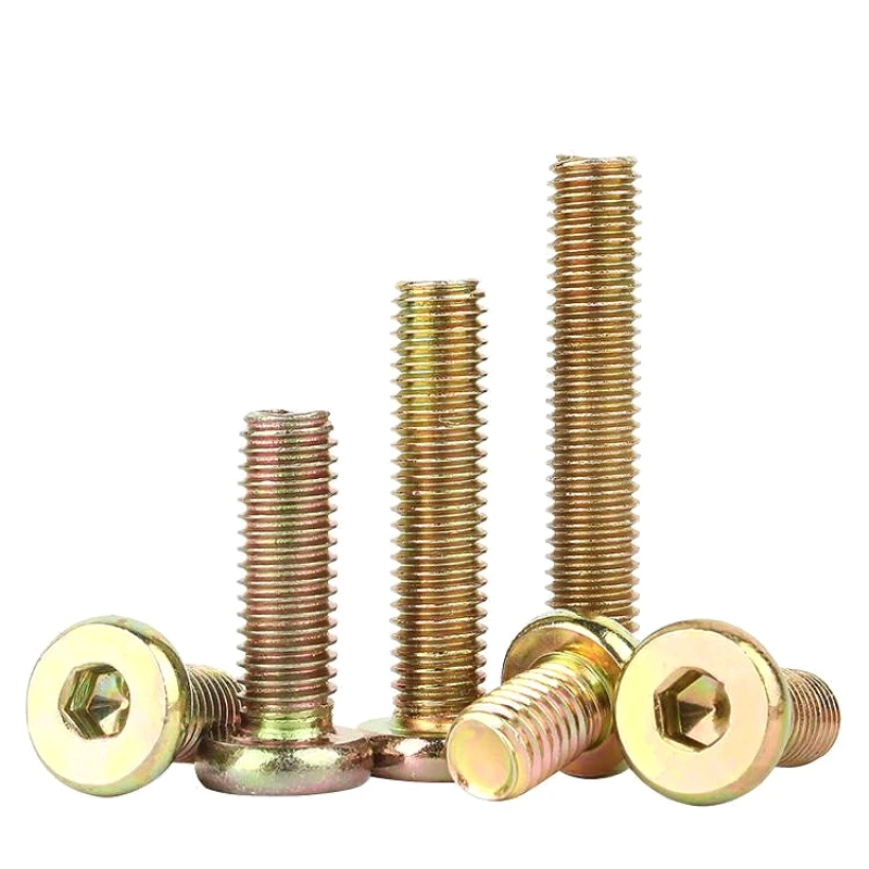 M6 M8 لون الزنك ألين مسامير مستديرة برأس مسطح عرافة المقبس مسدس الأخدود الأثاث البراغي