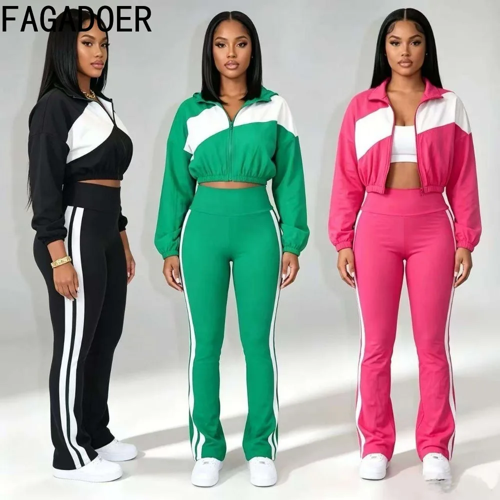 FAGADOER Womens Fall 2 Piece Tracksuit Color Block Zip Up Crop Jacket High Waist Side Stripe Flare Pants Set Casual Sporty Suits