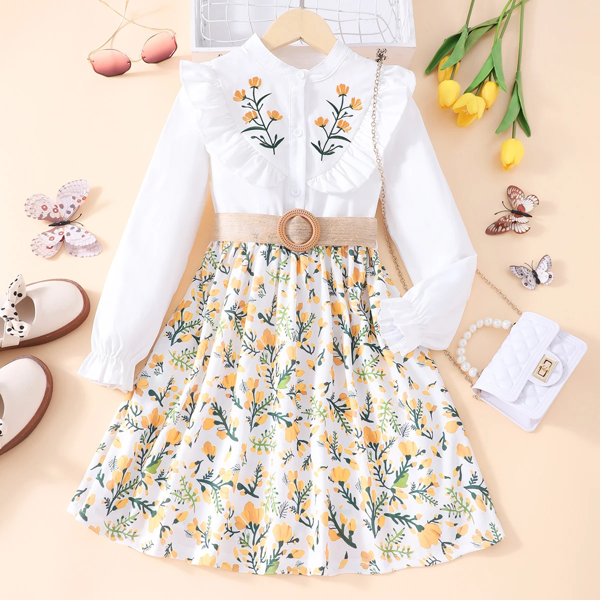 

Girls' Autumn Dress Long Sleeve Flower Embroidery Shirt Girls' Belt Set Dress Girls' Autumn Children's Wear 8-12Y