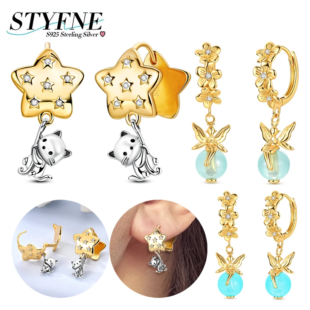 جديد 925 الفضة الذهب أقراط مضيئة زهرة قزم أقراط القط نجوم هوب أقراط لحفلة عيد ميلاد خاتم هدايا مجوهرات أنيقة النساء #1